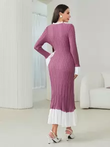 Modelyn Colorblock Flare Sleeve Ruffle Hem Sweater Dress - Purple - View 4