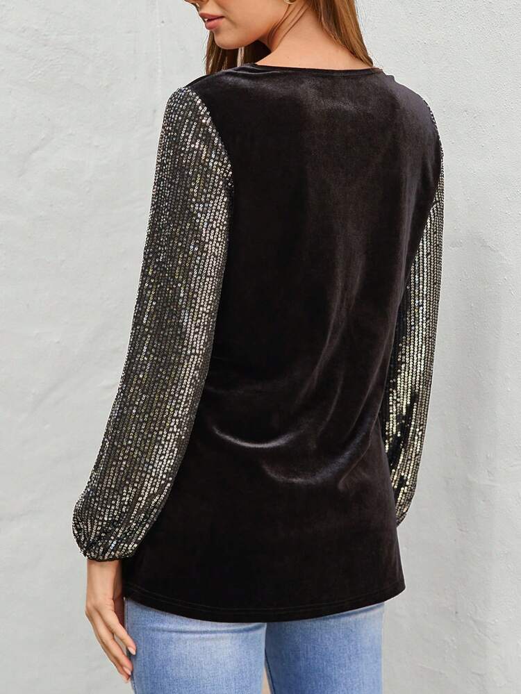 Contrast Sequin Lantern Sleeve Velvet Top