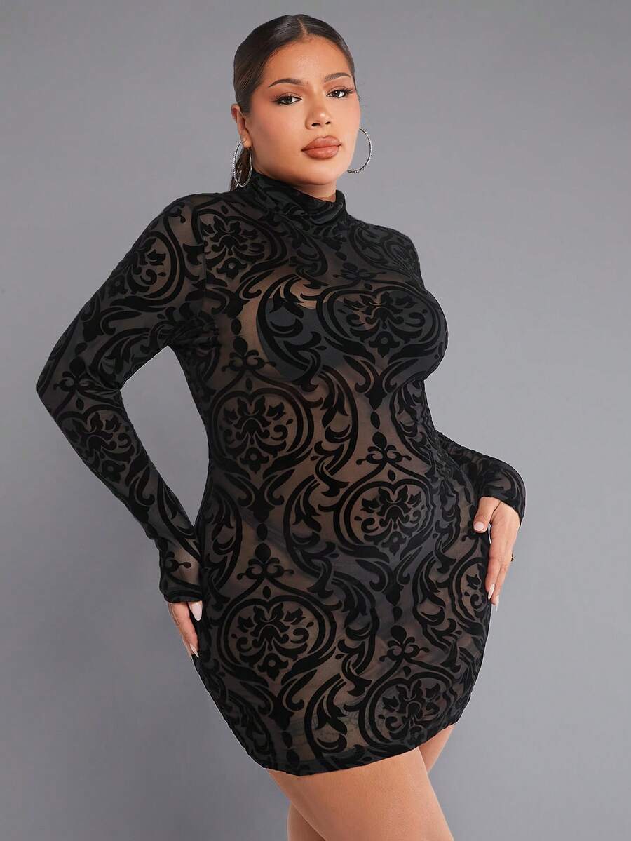 SHEIN SXY Plus Size Damask Jacquard Half Turtle Neck Mesh Dress Floral Embroidered Mesh Valentines Outfits New Years Outfit - Black - View 1