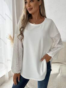 SHEIN LUNE Eyelet Embroidery Lantern Sleeve Top - White - View 5