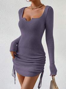 SHEIN Essnce 缺口領側抽繩毛衣洋裝 - 紫色 - 查看 7