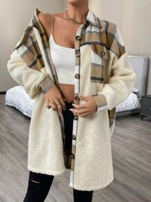 SHEIN LUNE Plaid Print Drop Shoulder Flap Pocket Teddy Coat - Multicolor - View 5