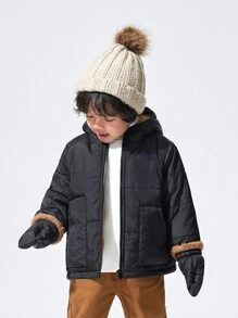 SHEIN Young Boy Slant Pockets Hooded Teddy Lined Padded Coat Without Sweater - الأسود - مشاهدة 5