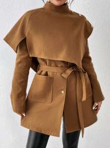 SHEIN Privé Mock Neck Belted Overcoat - Apricot - View 5