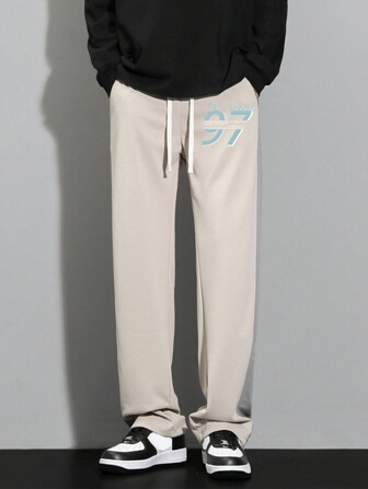 Men Letter Graphic Drawstring Waist Straight Leg Pants