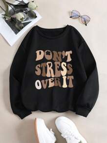 SHEIN Unity 標語圖案加絨內裏運動衫 - 黑色 - 查看 1