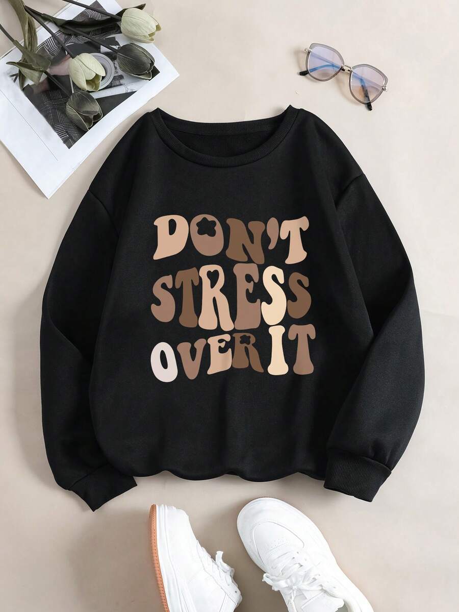 SHEIN Unity 標語圖案加絨內裏運動衫 - 黑色 - 查看 1