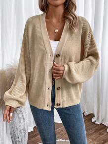 SHEIN Essnce V領落肩袖開襟衫 - 杏色 - 查看 6