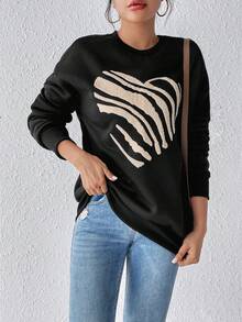 SHEIN Frenchy Heart Print Drop Shoulder Sweatshirt - Black - View 4