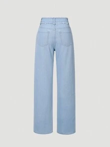 青少年女孩蝴蝶圖案直筒牛仔褲 - 淺色水洗藍 - 查看 2