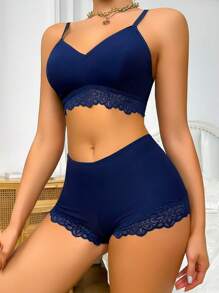 Contrast Lace Bra & Panty Set Lingerie Set - Blue - View 4
