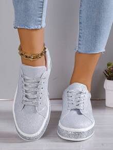 女性時尚耐磨繫帶鞋帶閃閃發光裝飾,銀平底運動鞋適用於休閒&運動 - 銀色 - 查看 3