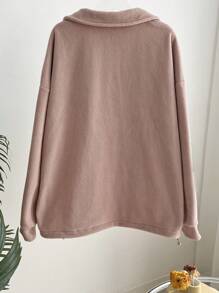 DAZY Letter Patched Detail Drop Shoulder Quarter Zip Sweatshirt,Fall Women Clothes - Coral Pink - View 4