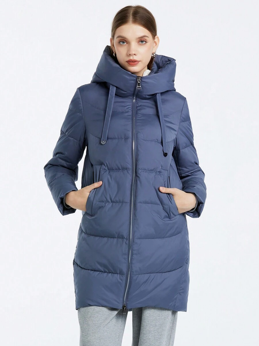 MIEGOFCE 纯色抽绳连帽中长款羽绒服，冬季 - 霧霾藍 - 查看 1