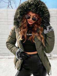 Anewsta Winter Casual Solid Color Fur Hooded Padded Coat