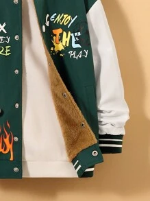 SHEIN Tween Boy Slogan Graphic Bear Decor Thermal Lined Varsity Jacket Without Hoodie - Green - View 4