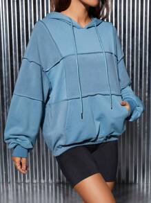 SHEIN PETITE 頂針落肩袖抽繩連帽衫 - 藍色 - 查看 1