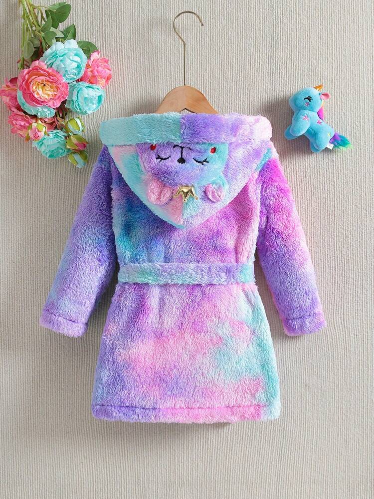 Young Girl Tie Dye Cartoon Embroidery 3D Ears Design Hooded Belted Teddy Coat