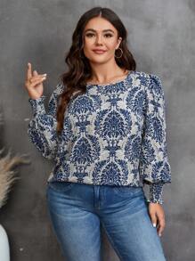 SHEIN LUNE 大碼錦緞圖案方領燈籠袖襯衫 - 彩色 - 查看 6