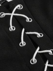 SHEIN MOD Floral Print Lace Up Front Contrast Lace Top - Black - View 4