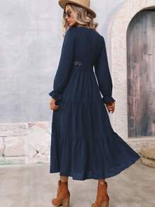 SHEIN Clasi Guipure Lace Insert Ruffle Hem Dress - Navy Blue - View 2