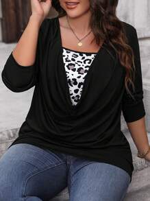 SHEIN LUNE Plus Leopard Print Draped Front Tee - Black - View 2