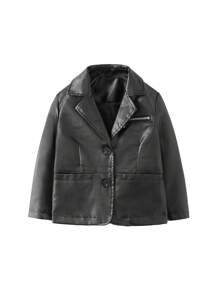 男童1件立領pu皮夾克（無褲） - 黑色 - 查看 3