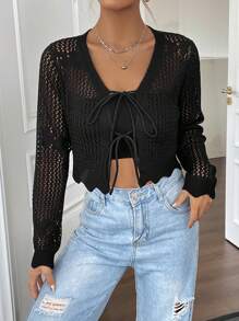 SHEIN Unity Tie Front Open Knit Cardigan - Black - View 1
