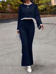 SHEIN LUNE Contrast Trim Drop Shoulder Sweater & Split Hem Knit Pants - Navy Blue - View 5