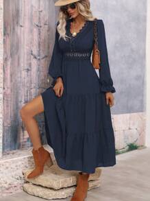 SHEIN Clasi Guipure Lace Insert Ruffle Hem Dress - Navy Blue - View 4