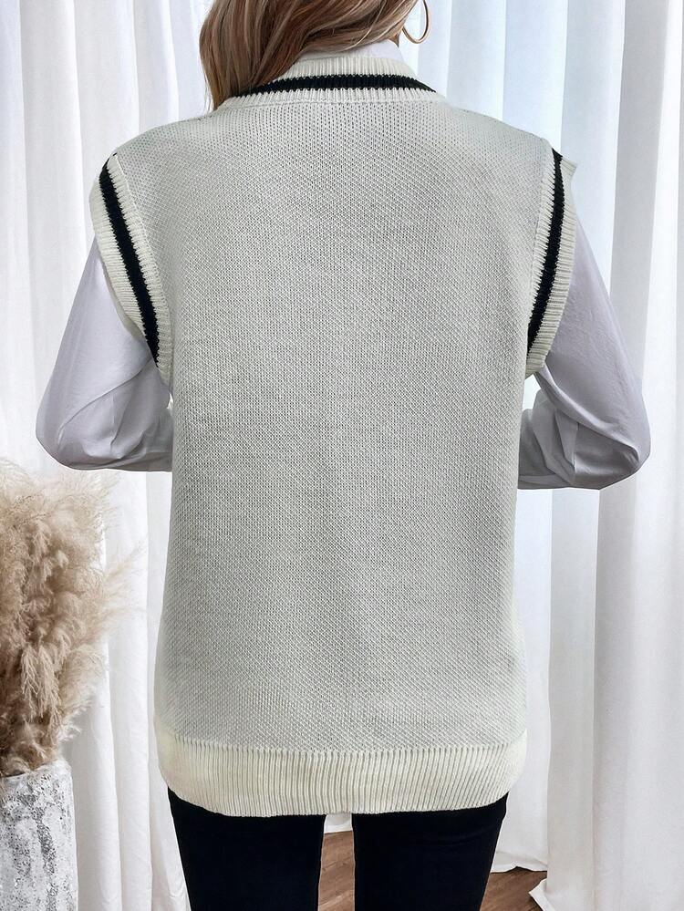 Number Pattern Striped Trim Sweater Vest Without Blouse