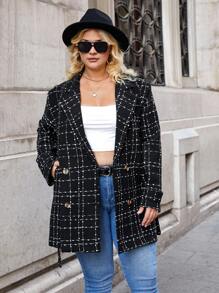RueChic Plus Plaid Double Breasted Belted Overcoat - Black and White - View 2