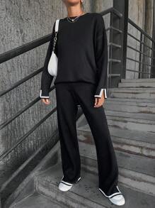 EURMUSE Contrast Trim Drop Shoulder Sweater & Knit Pants