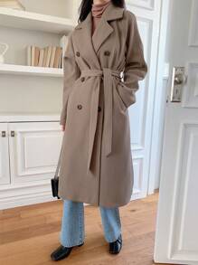 DAZY Lapel Neck Raglan Sleeve Double Breasted Belted Overcoat Women Jacket,Fall Women Clothes - Khaki - View 1