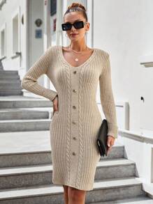 EURMUSE Cable Knit Button Detail Bodycon Sweater Dress - Beige - View 4