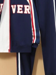SHEIN 男孩字母圖案插肩袖條紋飾邊飛行員夾克和運動褲不帶T恤 - 彩色 - 查看 4