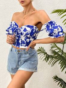 SHEIN VCAY Floral Print Off Shoulder Knot Front Crop Tee - Royal Blue - View 3