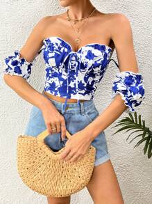 SHEIN VCAY Floral Print Off Shoulder Knot Front Crop Tee - Royal Blue - View 5
