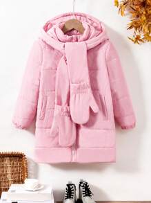 SHEIN Abrigo acolchado con capucha con cierre para niña preadolescente, con guantes - Rosa - Ver 1