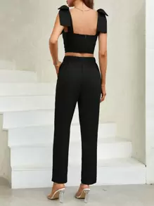 SHEIN Privé Jednolity Zawiązywane na ramionach Crop top i spodnie