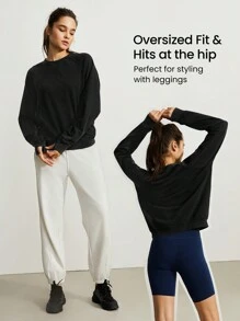 GLOWMODE Washed French Terry Retro Pullover With Thumbhole Crew Neck - Black - View 5