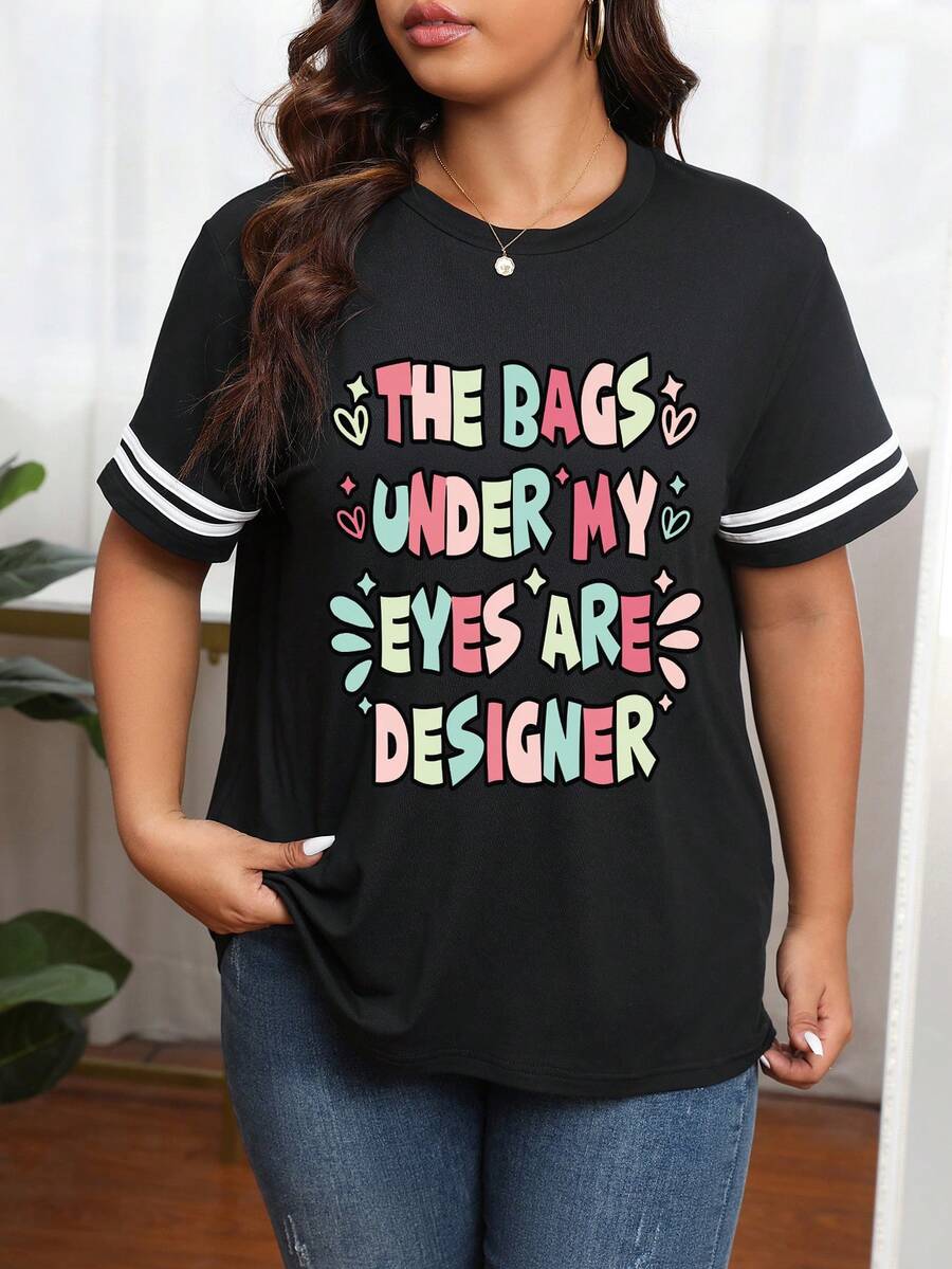 Calvaya Plus Slogan Graphic Striped Trim Tee - Black - View 1