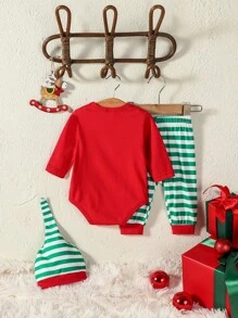 男嬰聖誕圖案連身背心&條紋圖案長褲&帽