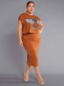 Shein Sxy 女士加大尺寸翅膀和字母印花t恤裙套裝,新年女裝套裝