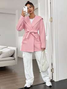 SHEIN Essnce 素色腰帶連帽花呢外套 - 粉色 - 查看 3