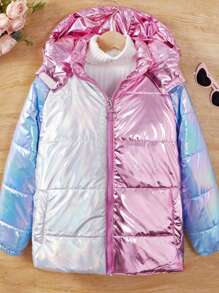 SHEIN Niña preadolescente Chaqueta acolchada con capucha con cremallera y bloques de color sin suéter - Multicolor - Ver 1