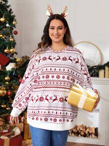 SHEIN LUNE Plus Christmas Print Drop Shoulder Sweatshirt - White - View 4