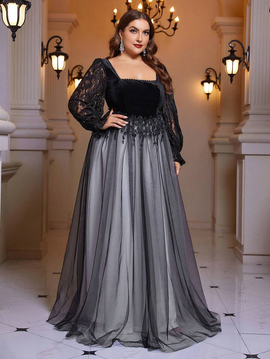 SHEIN Belle Plus Contrast Lace Flare Sleeve Mesh Formal Dress - Black and White - View 1