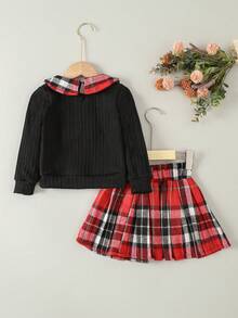 SHEIN 女小童格紋印花前蝴蝶結娃娃領運動衫&紙袋腰百褶半身裙 - 紅色 - 查看 2