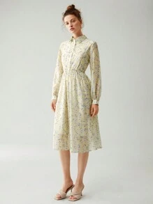 Anewsta Ditsy Floral Print Button Front Shirt Dress - Yellow - View 4